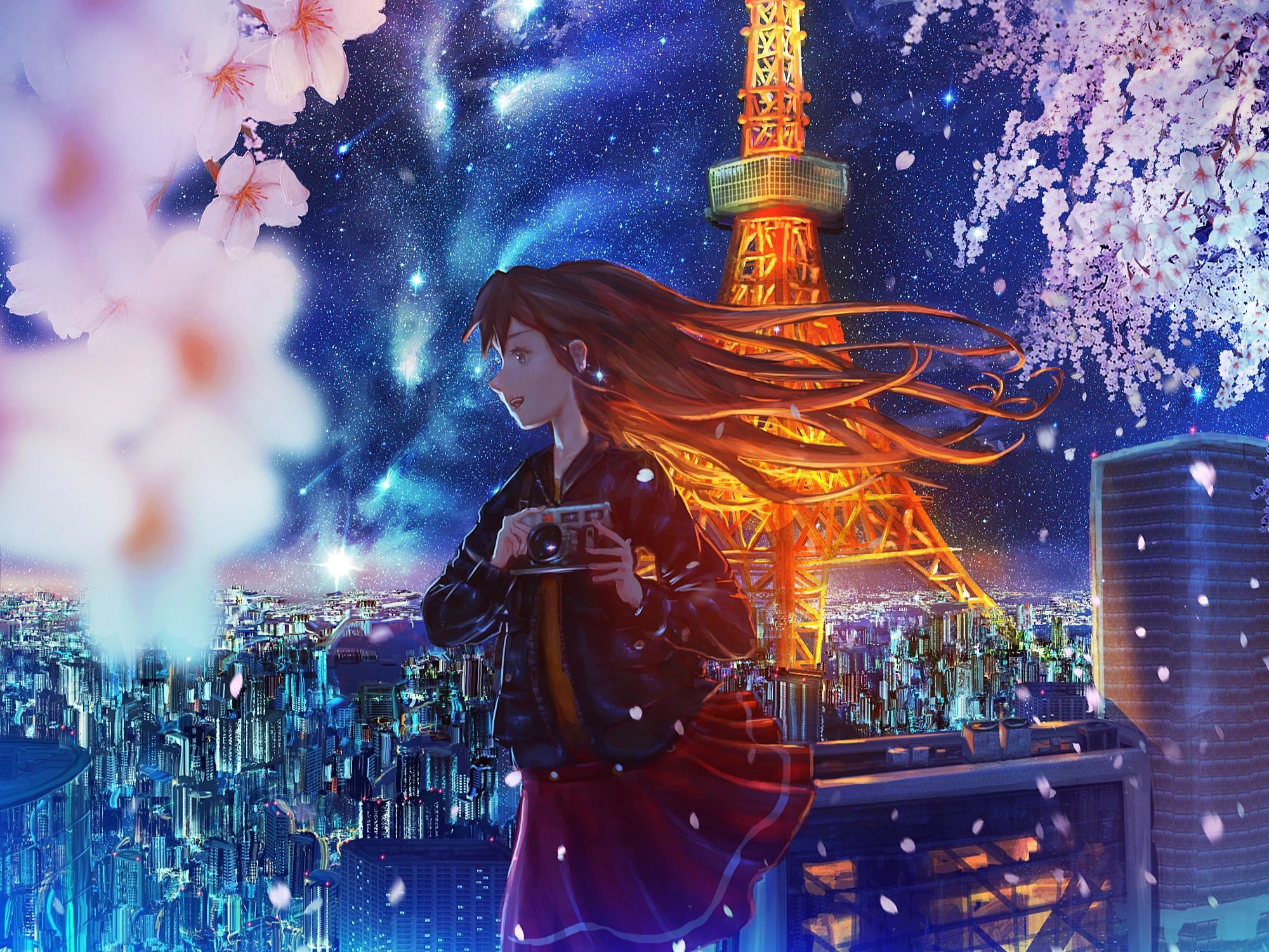 2000x1500 HD desktop wallpaper: Anime, City, Flower, Starry Sky, Original, Tokyo Tower download free picture