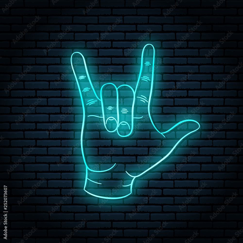 1000x1000 Neon sign with blue glow. Hand gesture, rock n roll. On a brick wall background, for your design. Stock Vector