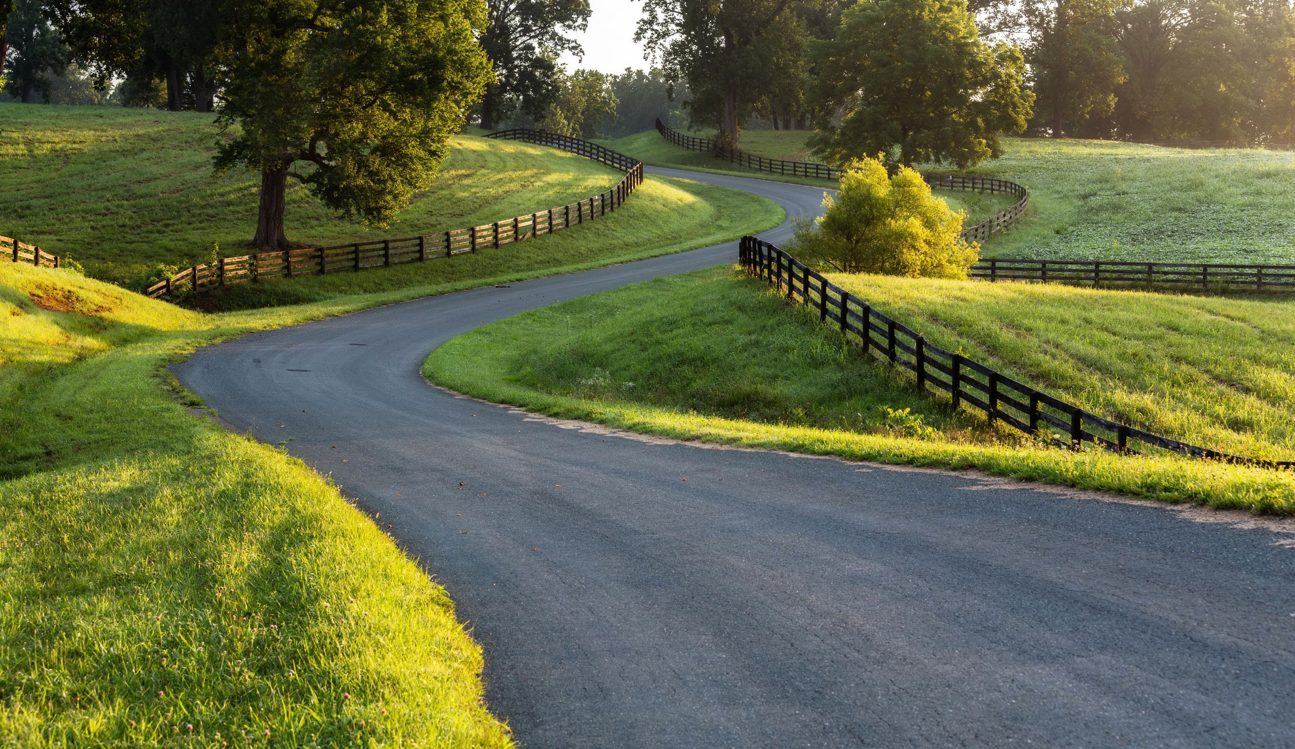 4320x2500 HD desktop wallpaper: Grass, Road, Fence, Sunny, Man Made download free picture