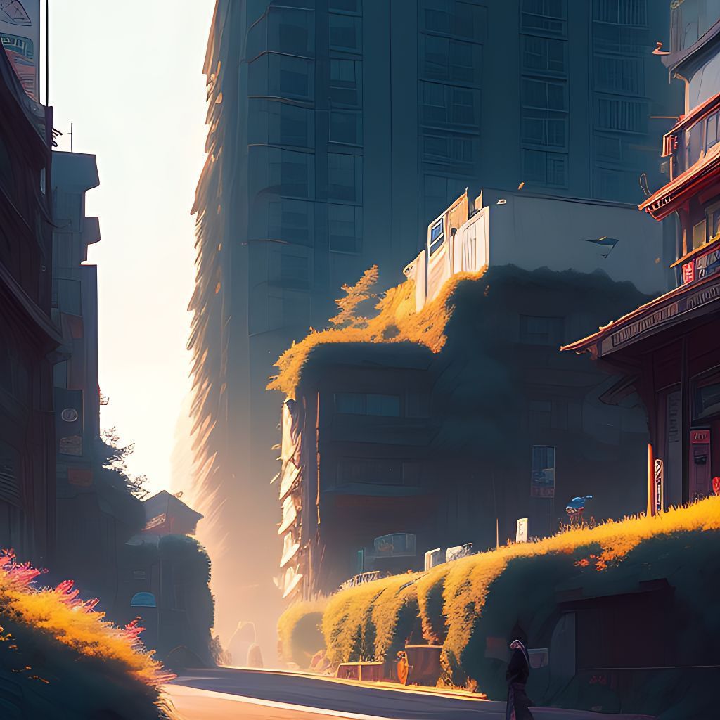 1024x1024 matthewcraft: 1980s downtown street skate comic book store ghibli sloping landscape