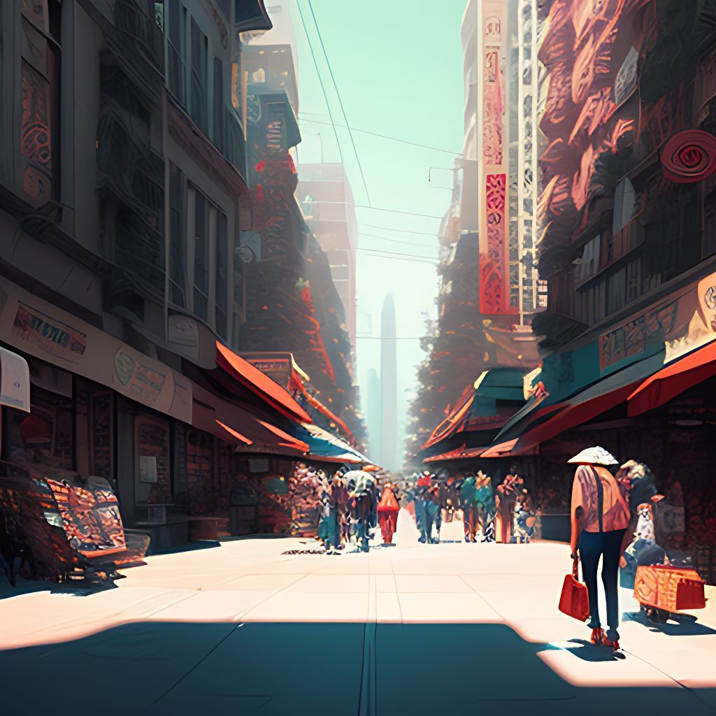 1024x1024 matthewcraft: 1980s downtown block street retail skate comic book store ghibli sloping horizontal landscape shoppers