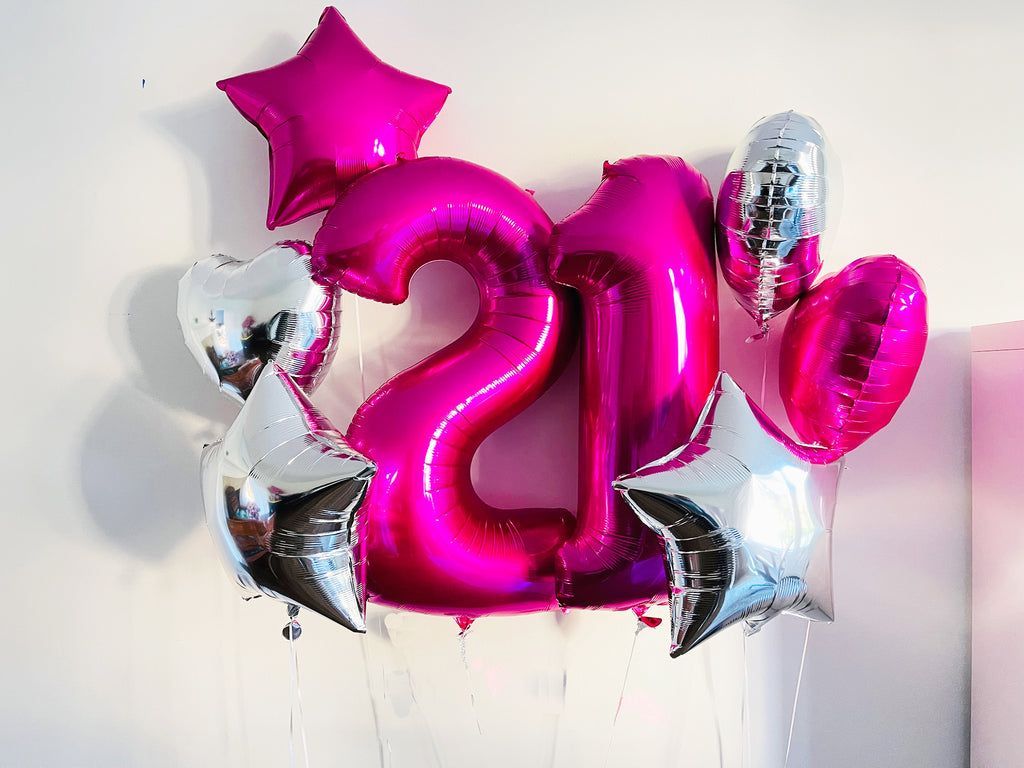 1024x768 21st Birthday Balloon Bouquet. Hot Pink and Silver 21st Birthday Deco