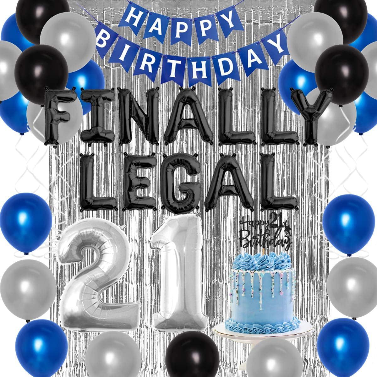 1200x1200 Finally Legal 21st Birthday Decorations Balloons Happy 21st Birthday Banner Sash Tinsel Backdrop Blue Black Silver for Him Her 21st Birthday Party Supplies