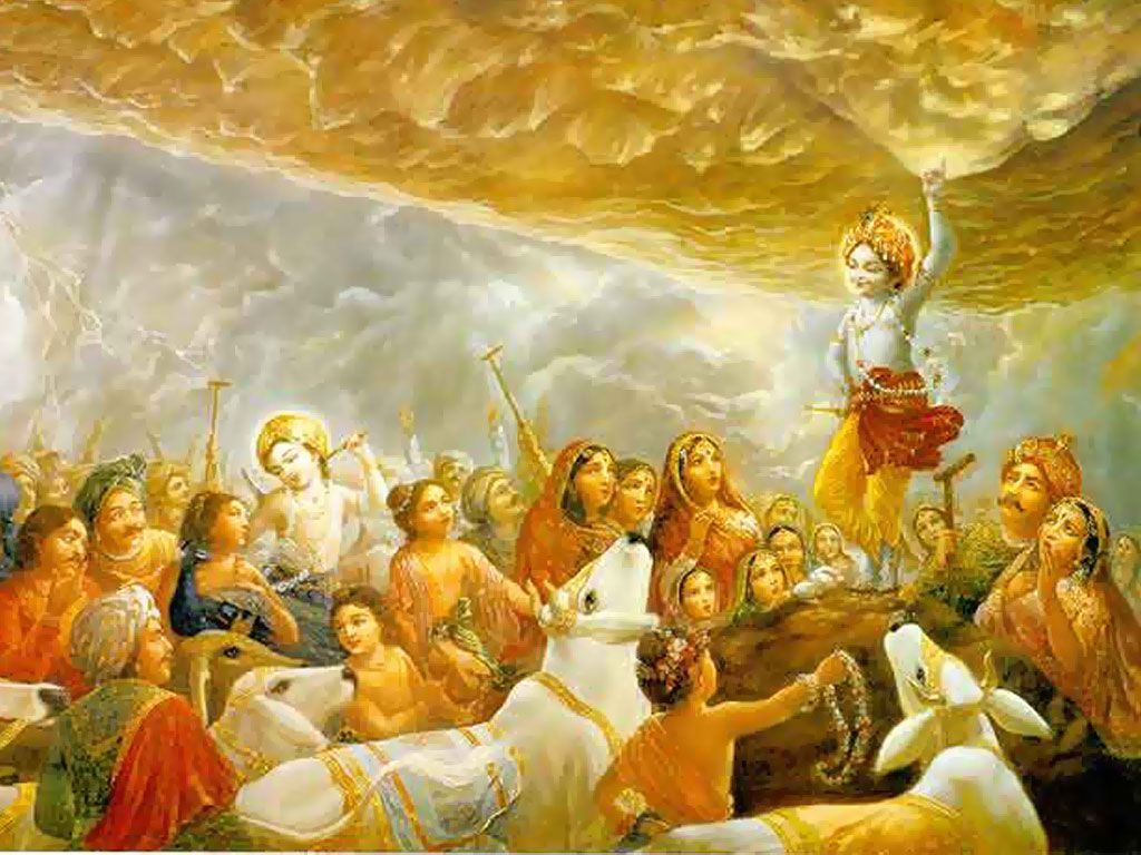 1024x768 Lord Krishna lifts Govardhan Parvat. Vedas and Puranas