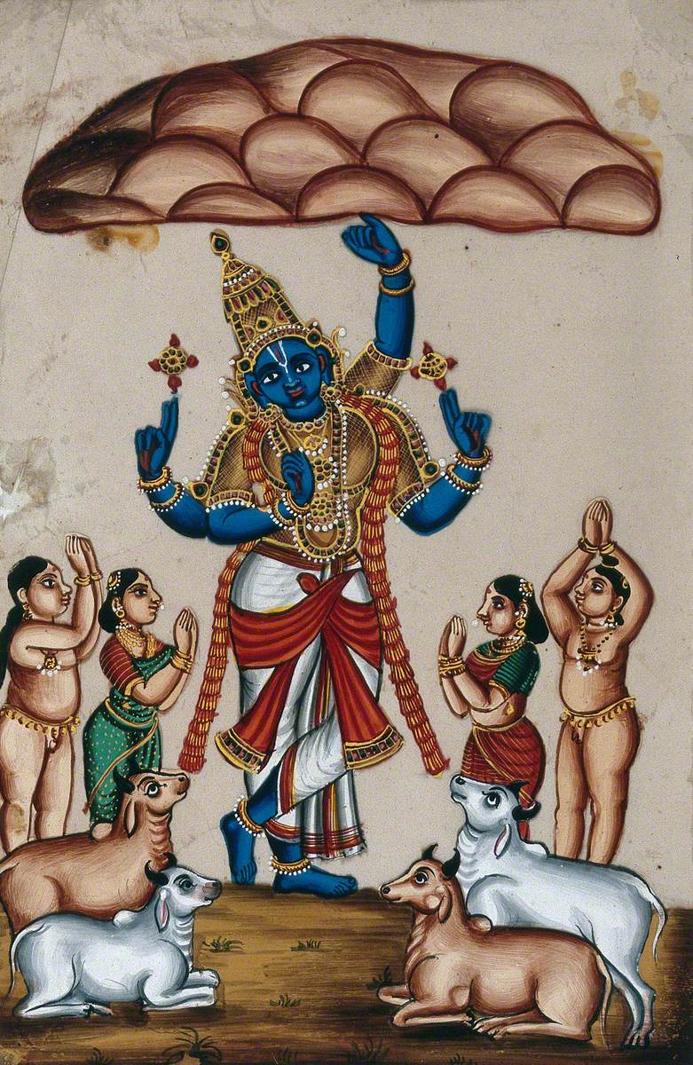 781x1200 Krishna Lifting Mount Govardhan to Protect the Village