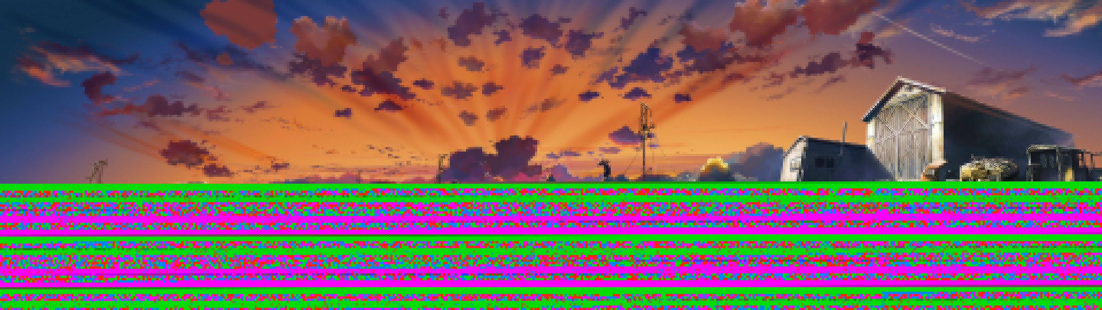 3840x1080 Download wallpaper field, figure, Japan, anime, hangar, japan, farm, section other in resolution 3840x1080