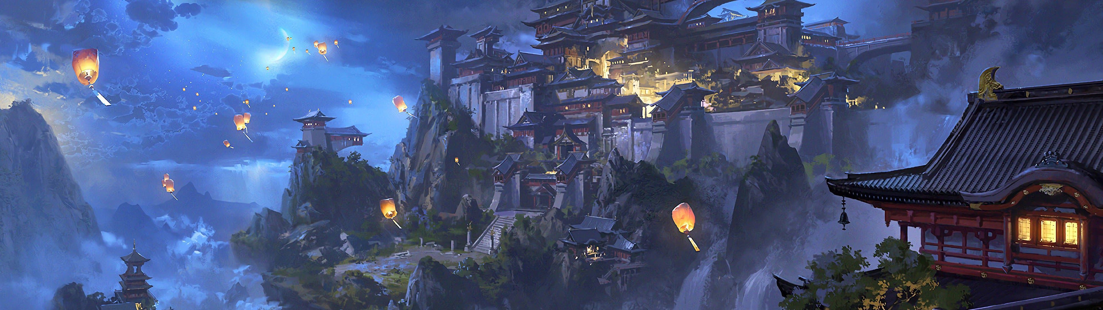 3840x1080 Anime Sky Lantern Mountain Japanese Castle Night Scenery 4K Wallpaper