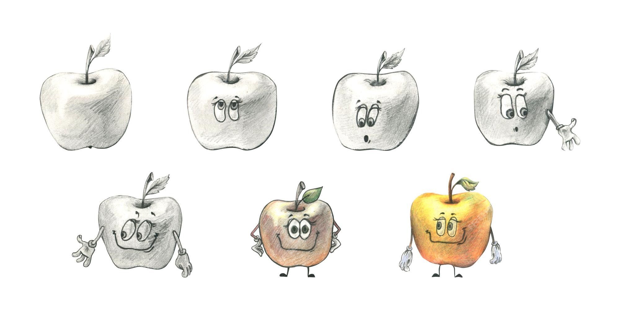 2000x1000 Premium Photo. Illustration with colored pencils an apple turns into a cartoon transformation different stages of abstraction child for print poster postcard wallpaper design