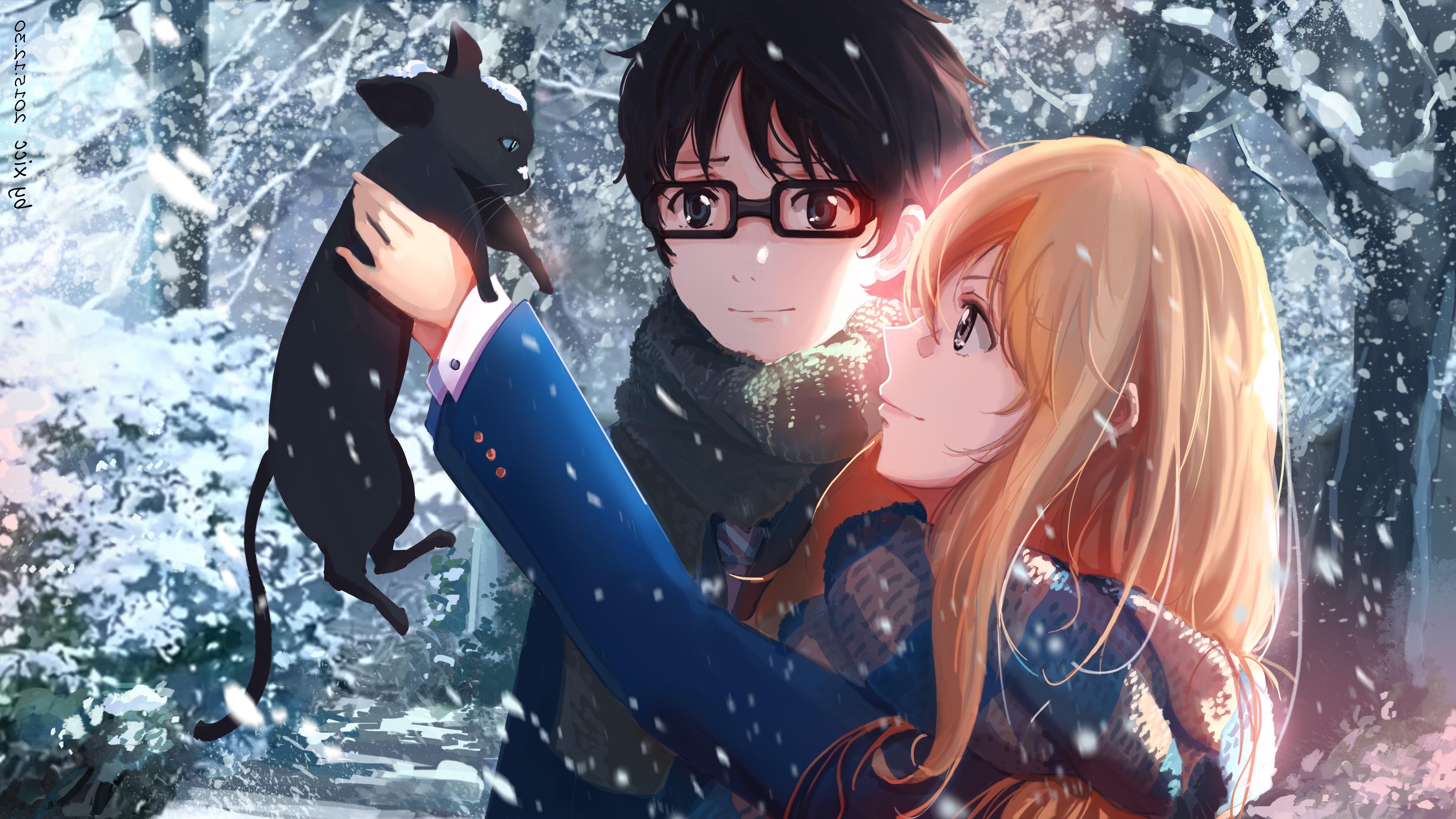 Best of Kaori Miyazono Wallpapers -5414x3045 anime, Anime Girls, Shigatsu Wa Kimi No Uso, Cat, Snow, Arima Kousei