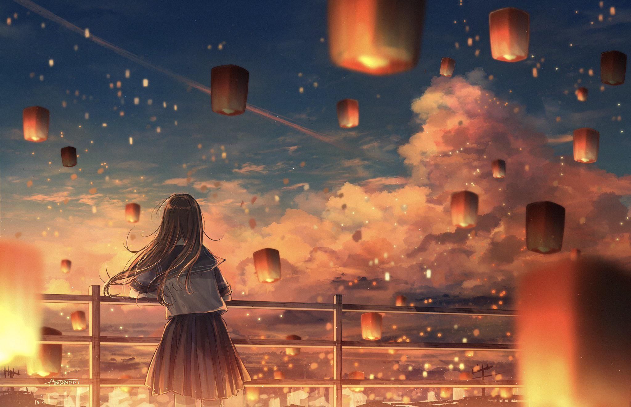 2048x1320 Lanterns by Amamori_oO. Sky lanterns, Anime scenery, Anime scenery wallpaper
