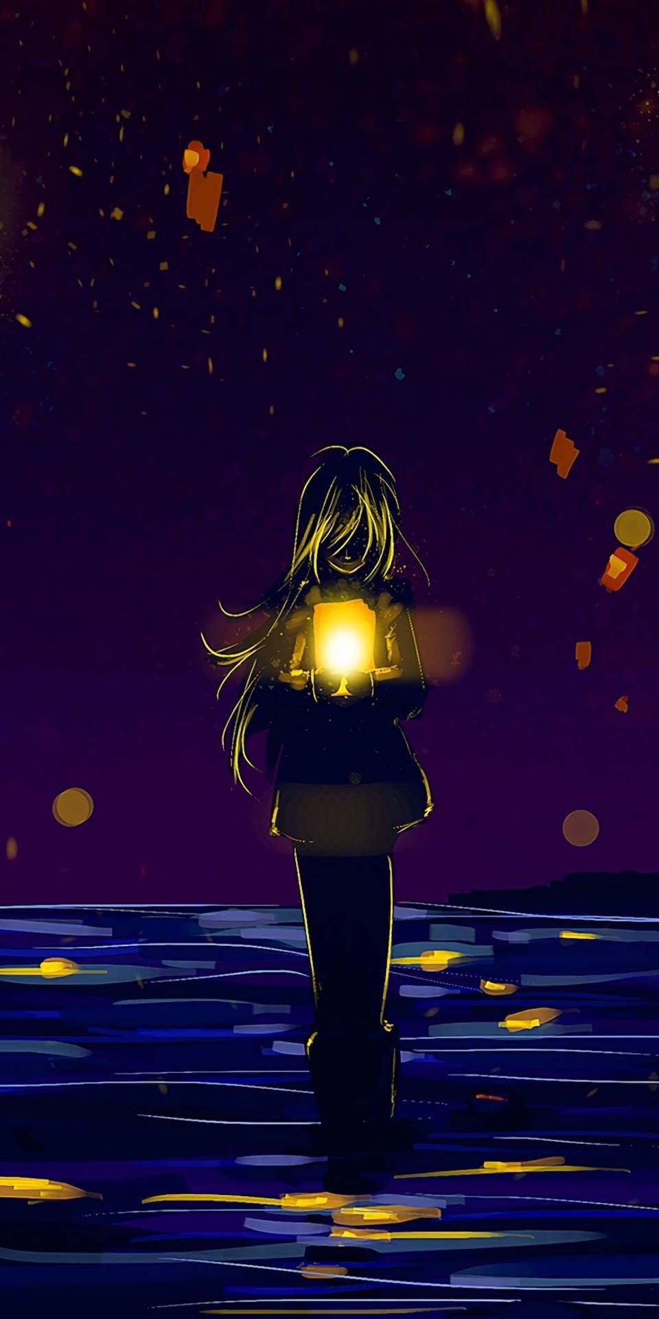 960x1920 Download Anime Girl Sad Alone With Lantern Wallpaper