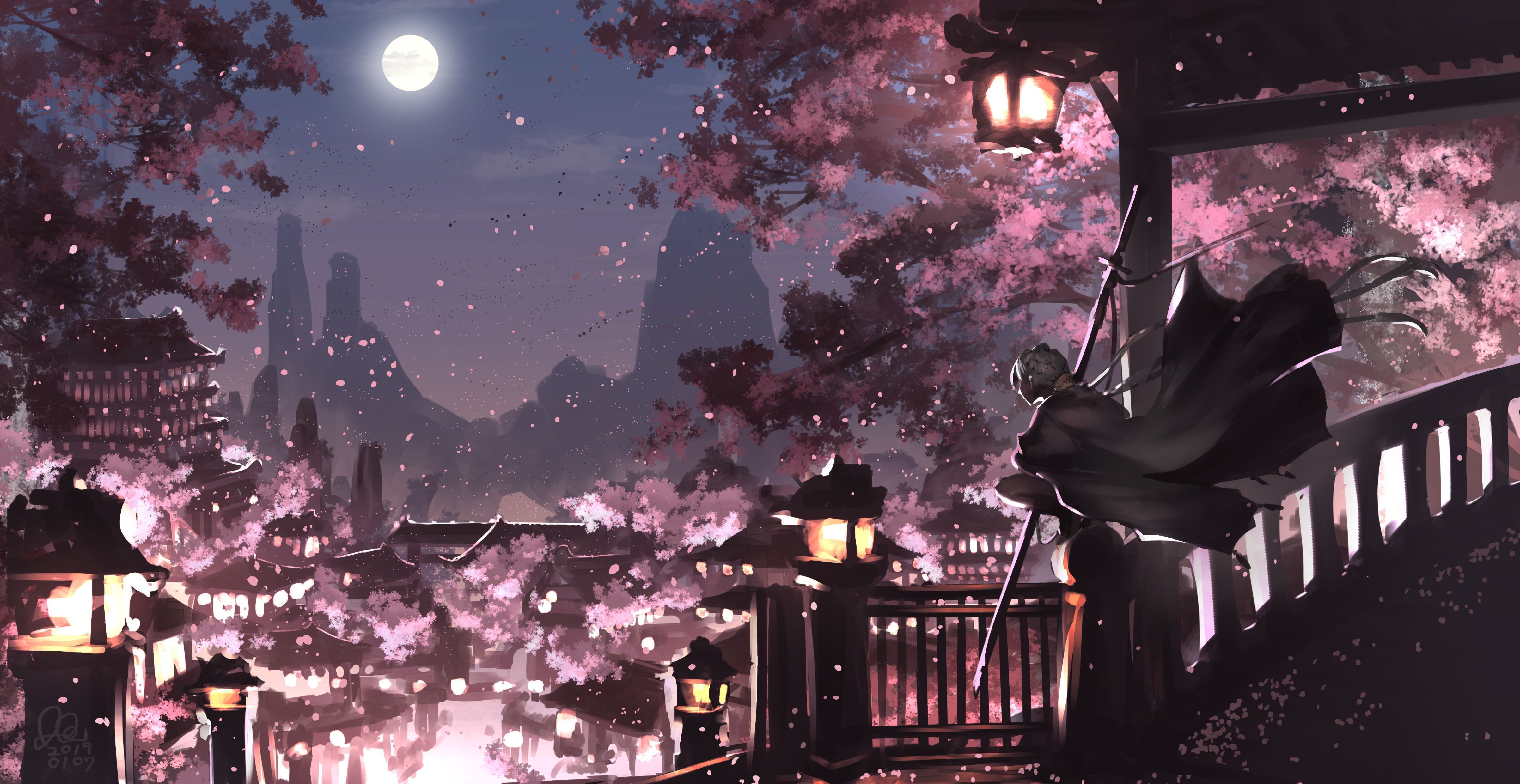 4809x2481 HD desktop wallpaper: Anime, Moon, Lantern, Cape, Cherry Blossom, Original, Braid, Long Hair, White Hair download free picture