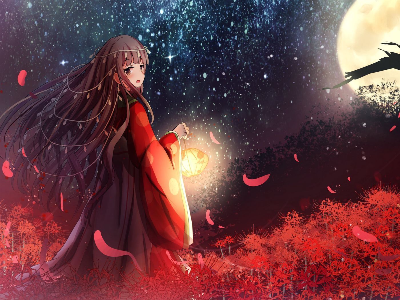 1400x1050 Download wallpaper 1400x1050 girl, kimono, lantern, light, anime standard 4:3 HD background