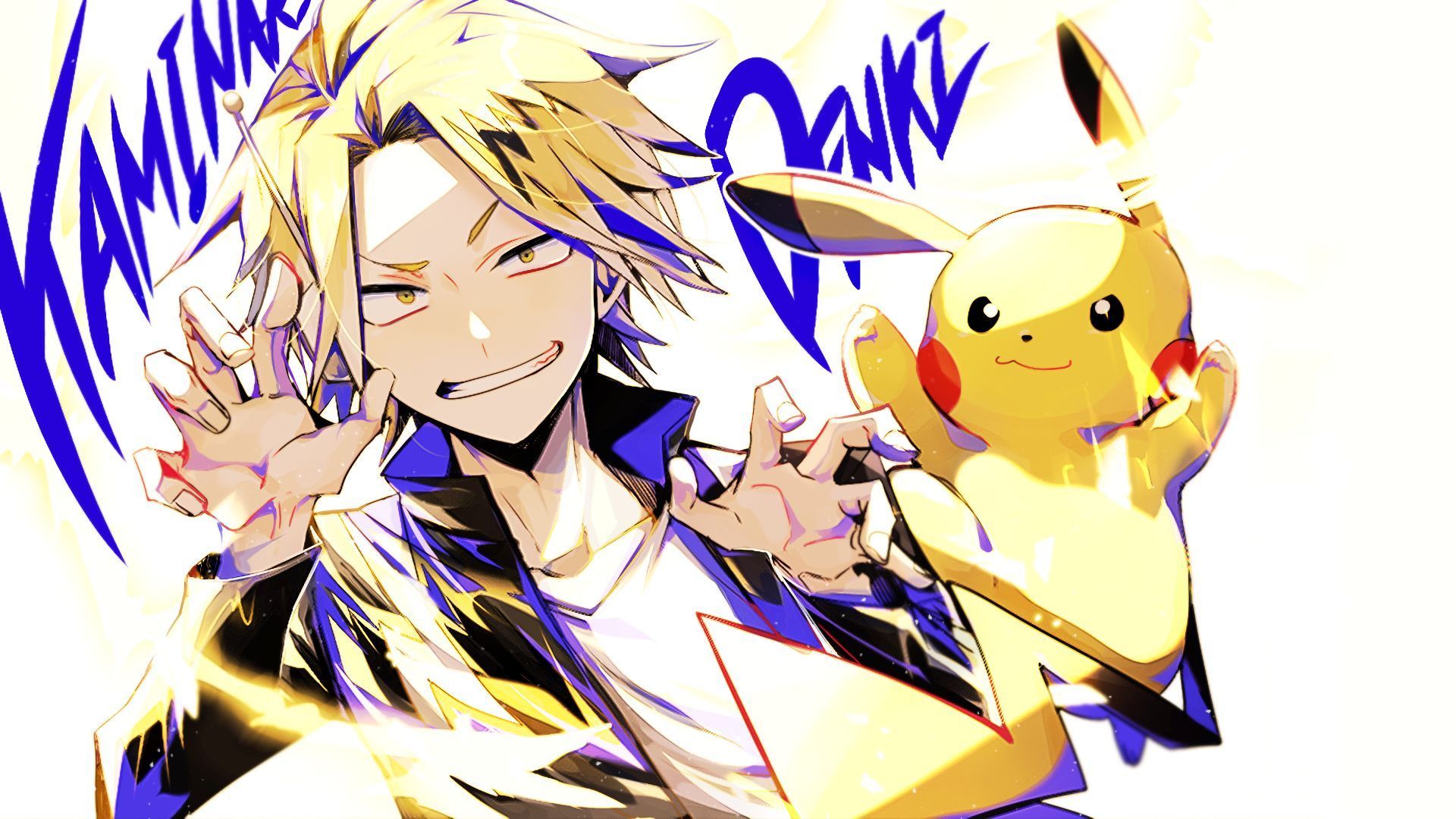 1920x1080 HD desktop wallpaper: Anime, Lightning, Headphones, Smile, Pokémon, Blonde, Tail, Yellow Eyes, Crossover, Pikachu, My Hero Academia, Denki Kaminari download free picture