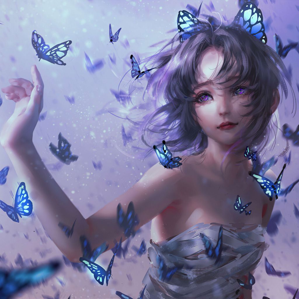 1024x1024 Download wallpaper Girl, Girl, Butterfly, Hair, Kimetsu no Yaiba, Violet eyes, Purple Eyes, Kochou Shinobu, Demon Slayer: Kimetsu no Yaiba, Bitter Shinobo, section art in resolution 1024x1024