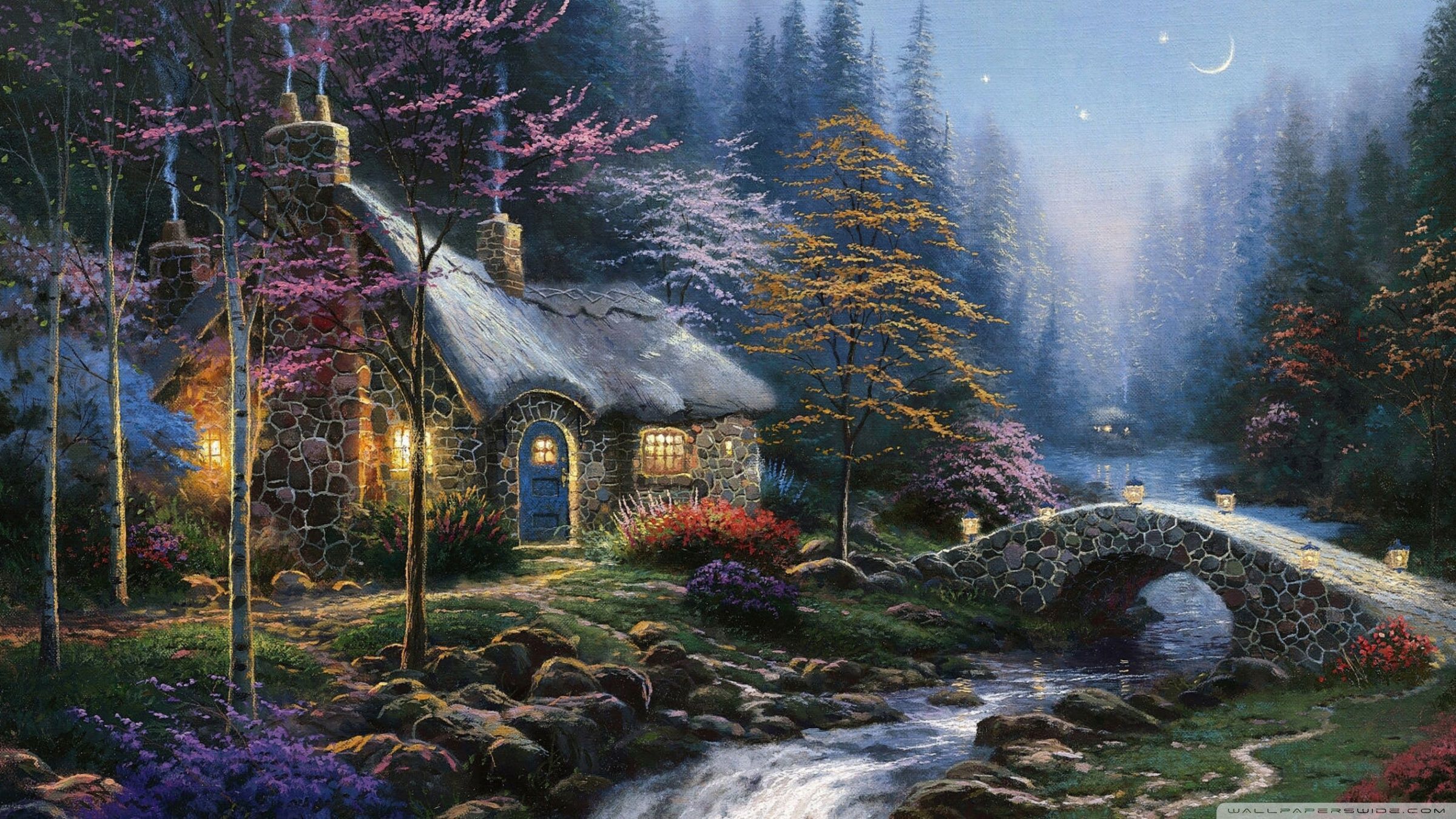 2400x1350 Forest Cottage Spring Painting HD desktop wallpaper High. Thomas kinkade paintings, Thomas kinkade art, Kinkade paintings