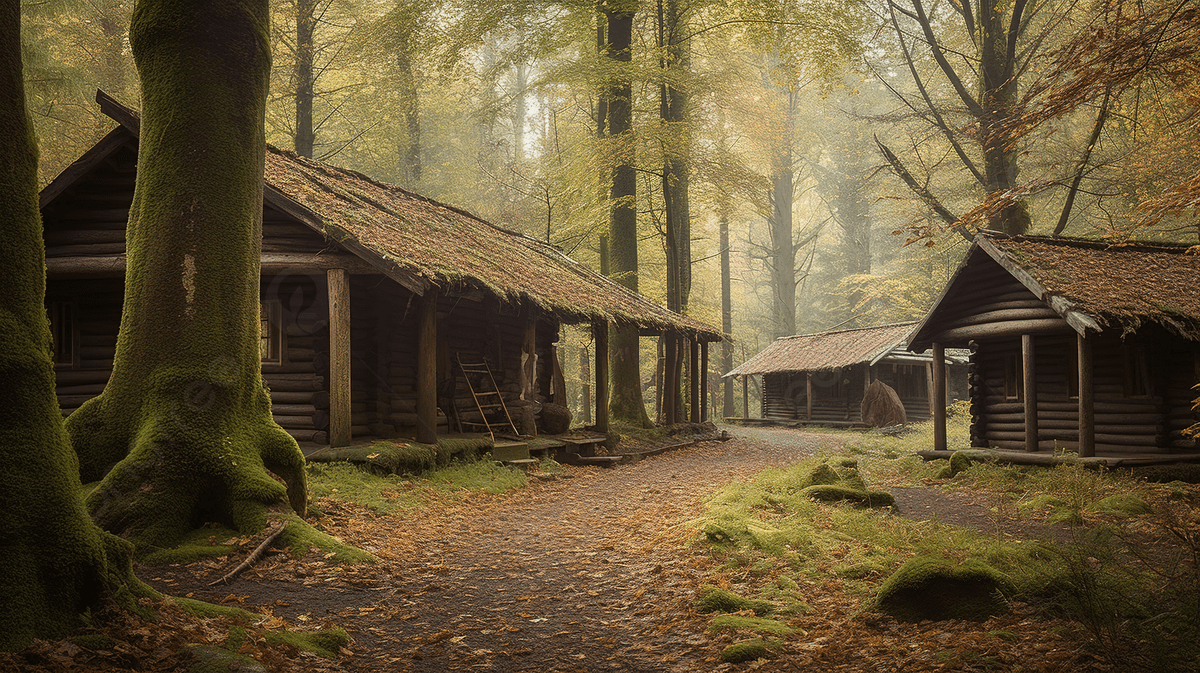 1200x673 Group Of Wooden Cottages Set On An Asphalt Path In The Forest Background, Picture Of Log Cabins In The Woods Background Image And Wallpaper for Free Download