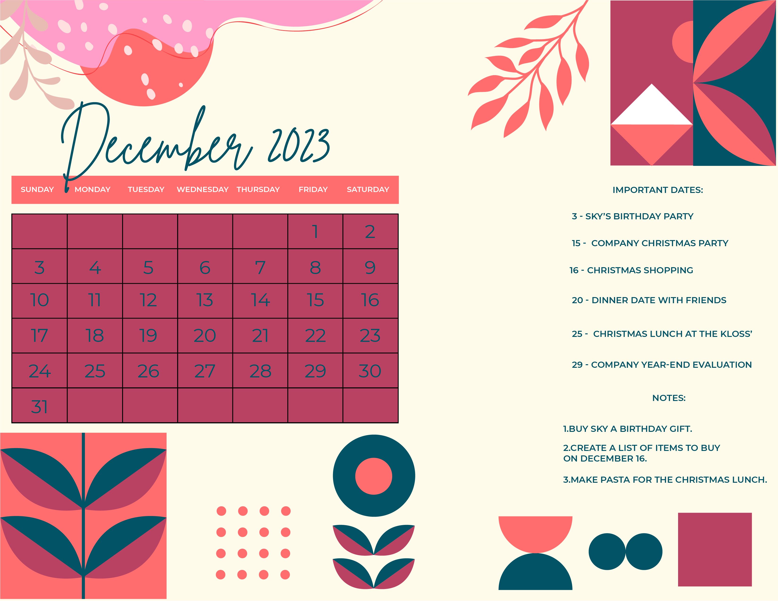 3301x2551 Calligraphy December 2023 Calendar in Word, Google Docs, Illustrator, EPS, SVG, JPG