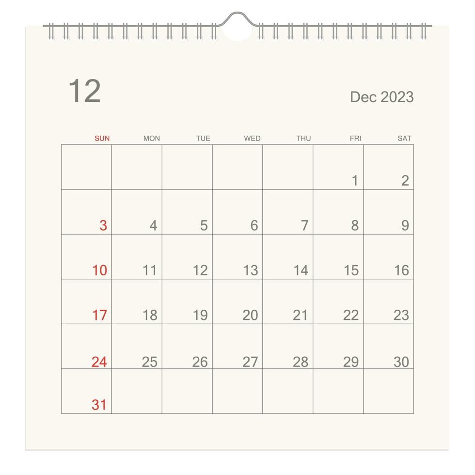 980x980 December 2023 calendar page on white background. Calendar background for reminder, business planning, appointment meeting and event. Week starts from Sunday. Vector