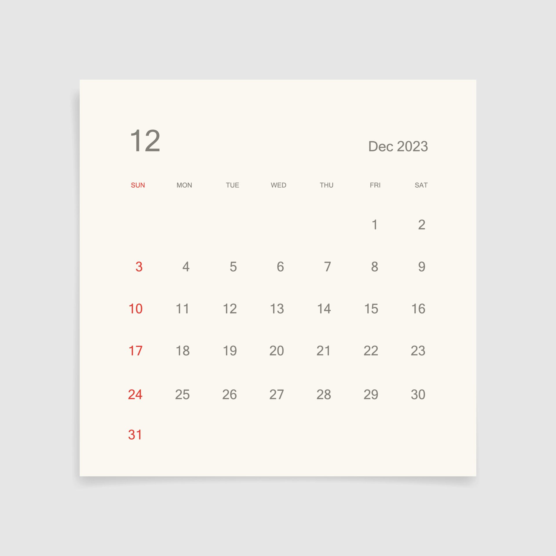 1920x1920 December 2023 calendar page on white background. Calendar background for reminder, business planning, appointment meeting and event. Week starts from Sunday. Vector