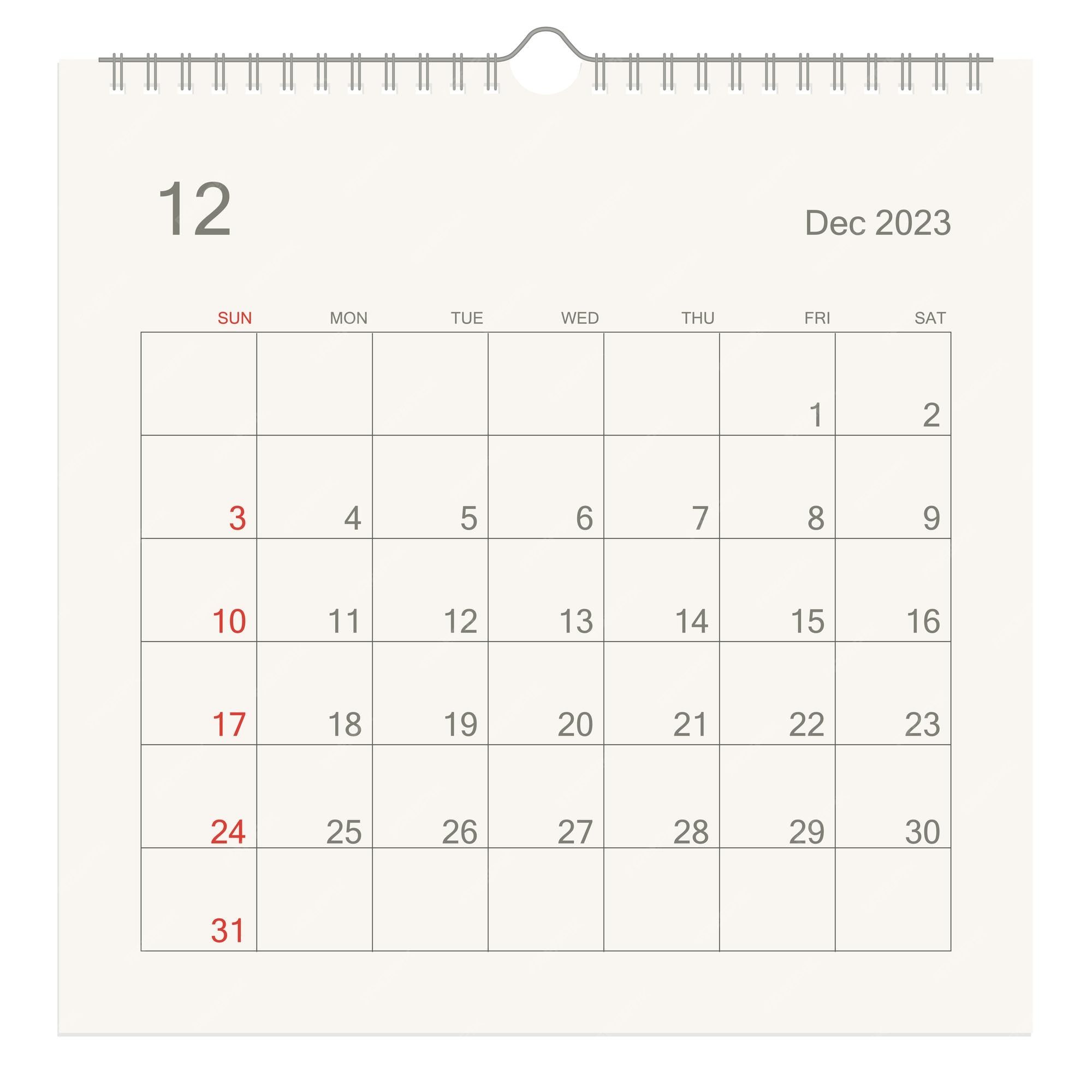 2000x2000 Premium Vector. December 2023 calendar page on white background calendar background for reminder business planning appointment meeting and event week starts from sunday vector