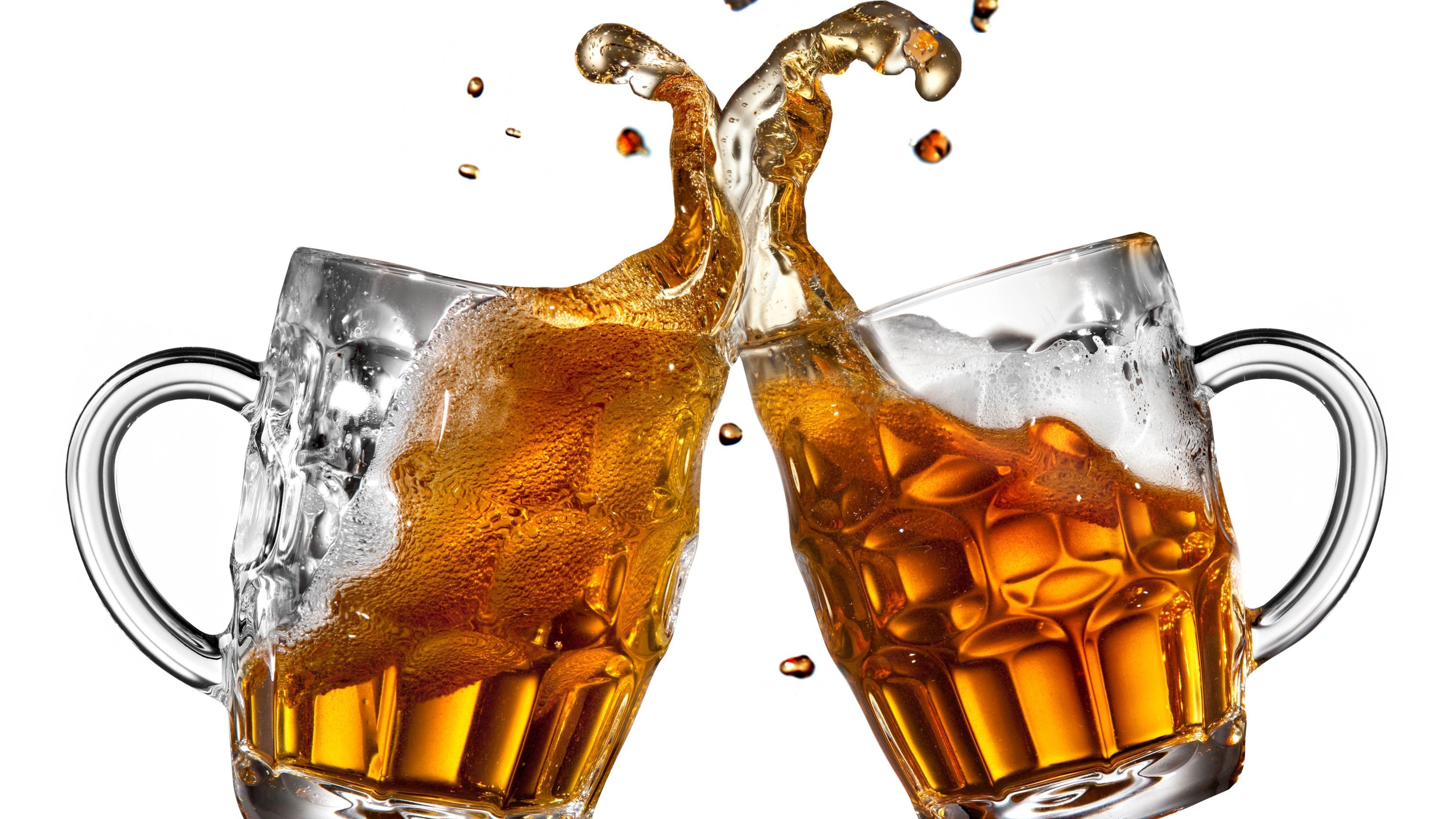 3840x2160 Wallpaper Two cups of beer, cheers, splash, white background 3840x2160 UHD 4K Picture, Image