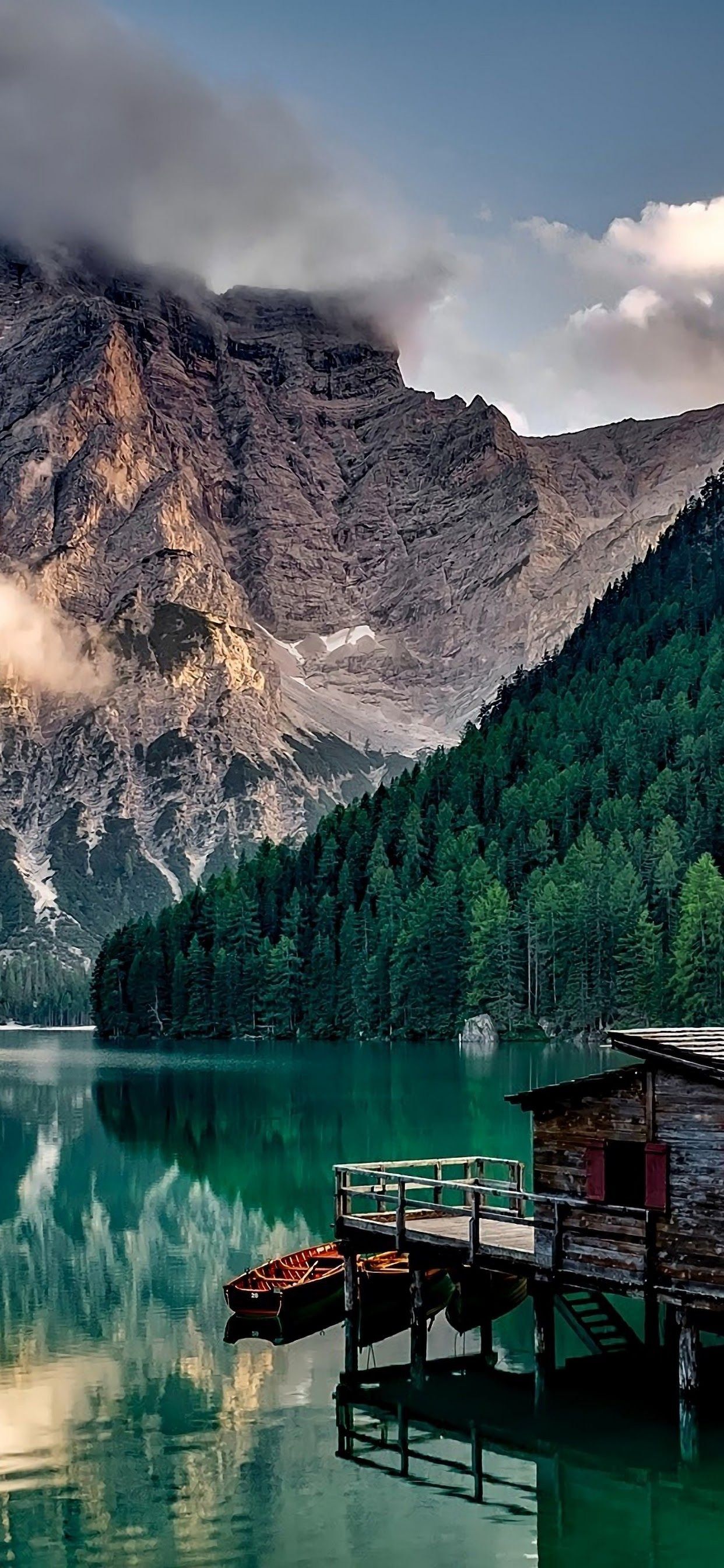1242x2688 Lake mountains nature cottage Wallpaper Download