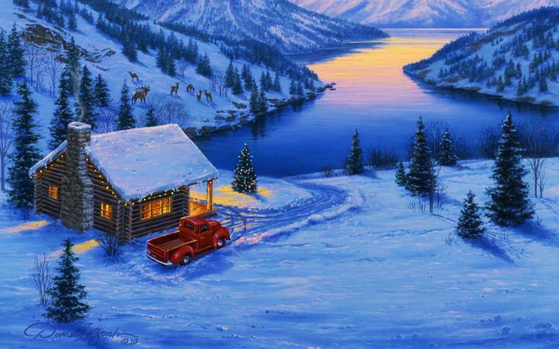 1920x1200 HD desktop wallpaper: Winter, Snow, Mountain, Lake, Forest, Christmas, House, Artistic, Cottage download free picture