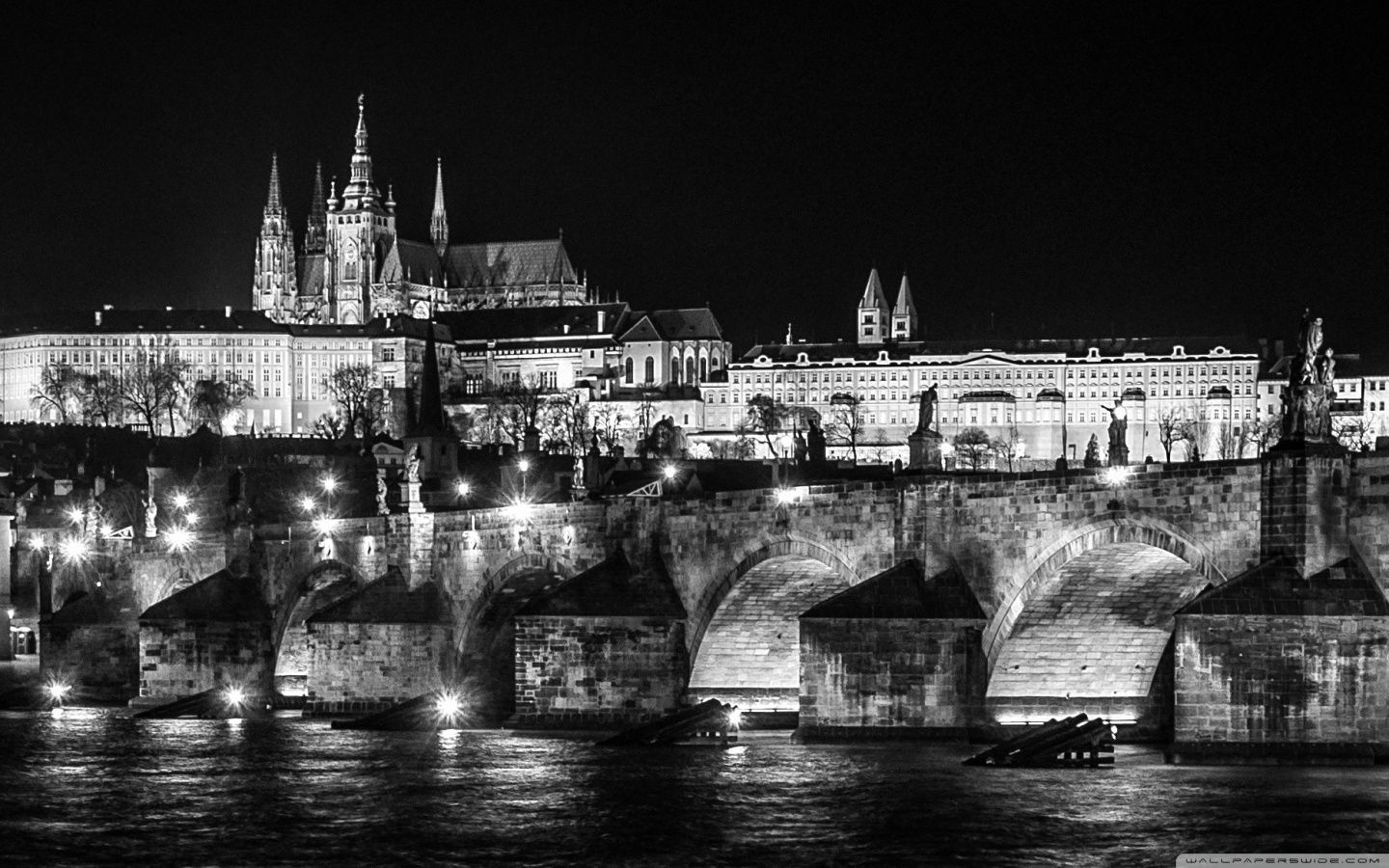 1440x900 Prague at Night Black and White Ultra HD Desktop Background Wallpaper for
