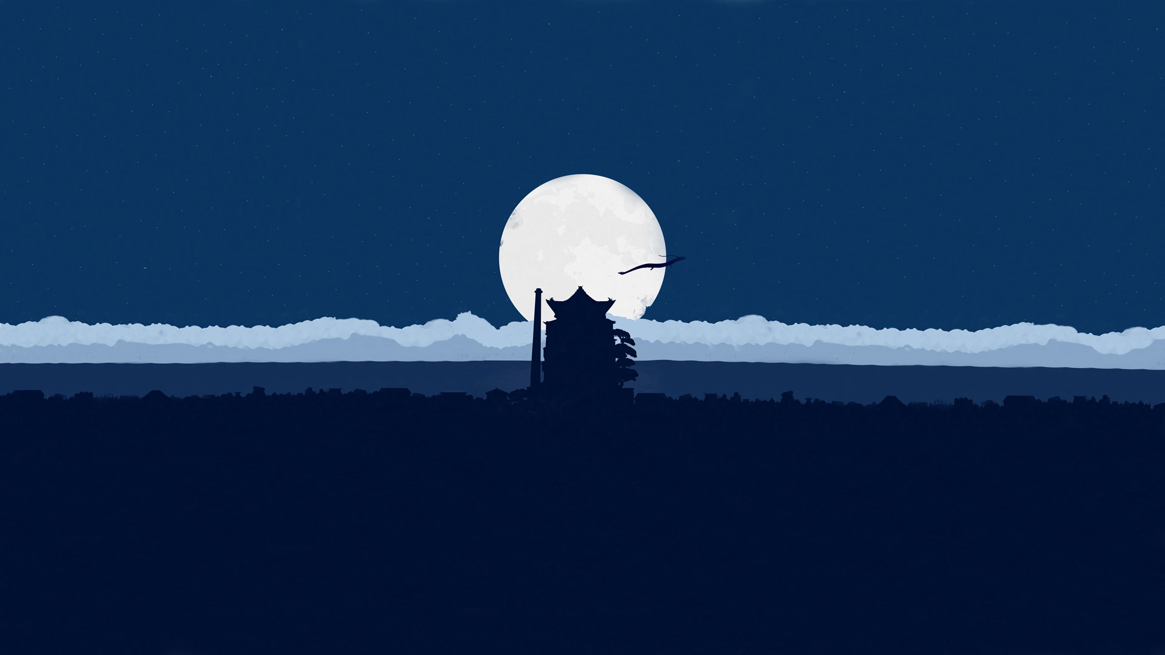 3840x2160 minimalism #blue clear sky Spirited Away sen to chihiro #shadow #clouds #anime fan art #moonlight. Spirited away wallpaper, Minimalist wallpaper, Anime wallpaper