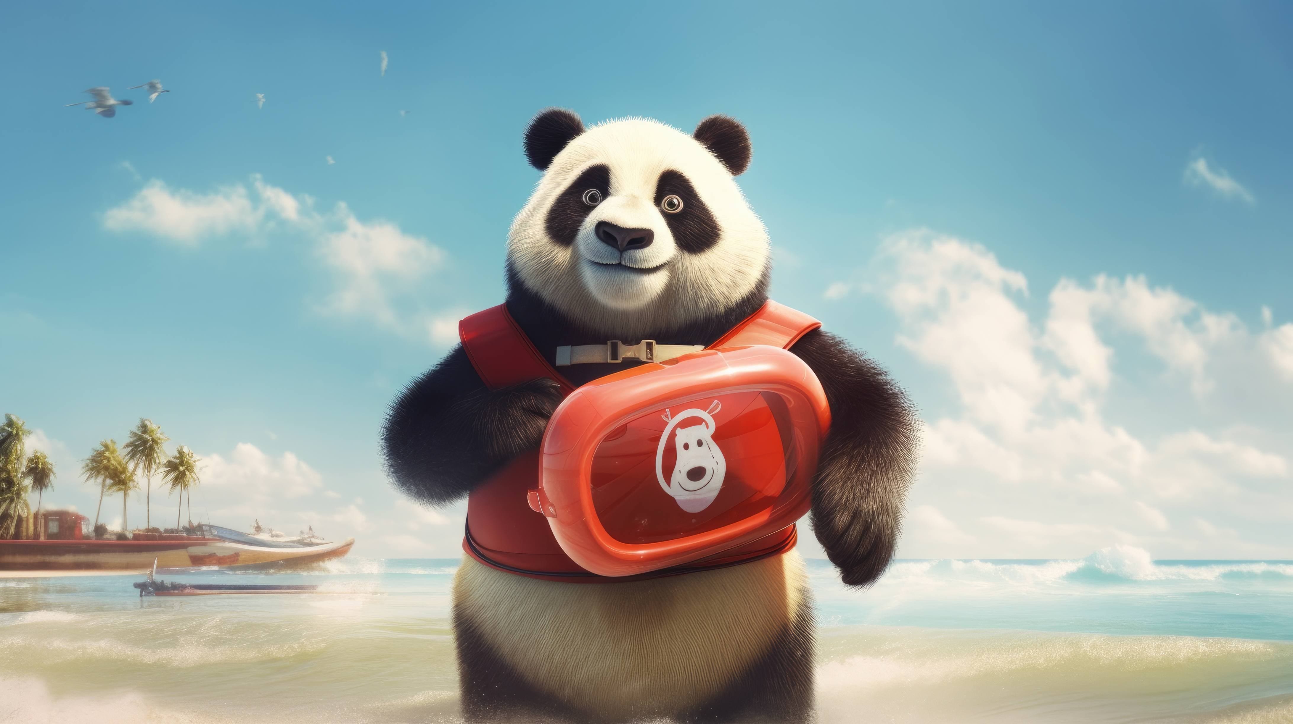 4368x2448 A 4K ultra HD wallpaper of a panda dressed in a lifeguard's uniform, wearing sunglasses and holding a rescue buoy, vigilantly watching over a sunny beach as a dedicated lifeguard