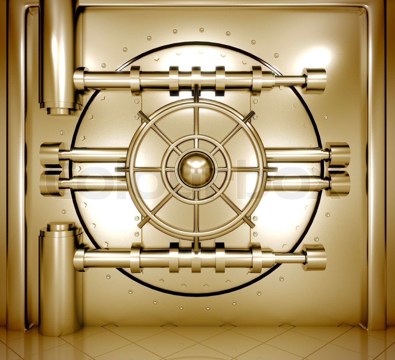 1600x1458 illustration of golden bank vault door, front view