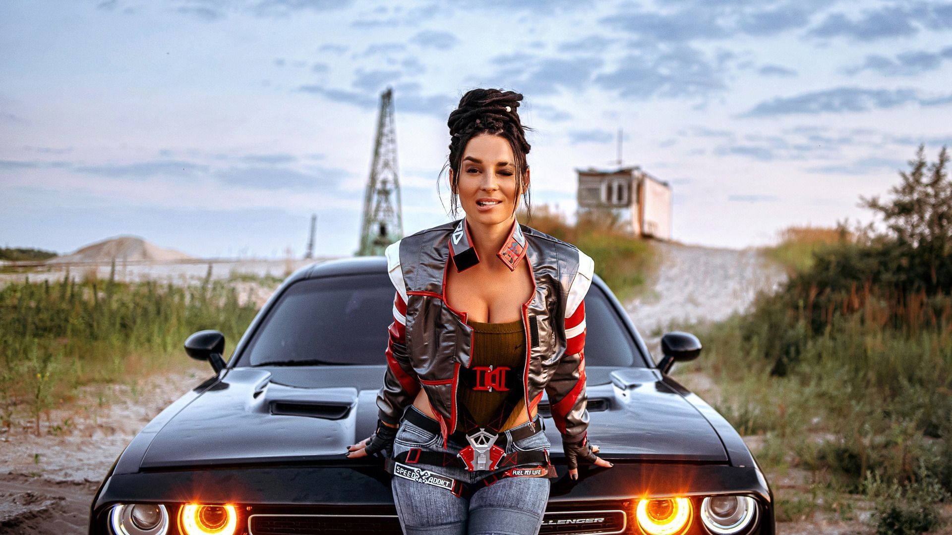 1920x1080 Download wallpaper dodge challenger, bodysuit, sky, clouds, jeans, gloves, Cyberpunk video games, section girls in resolution 1920x1080