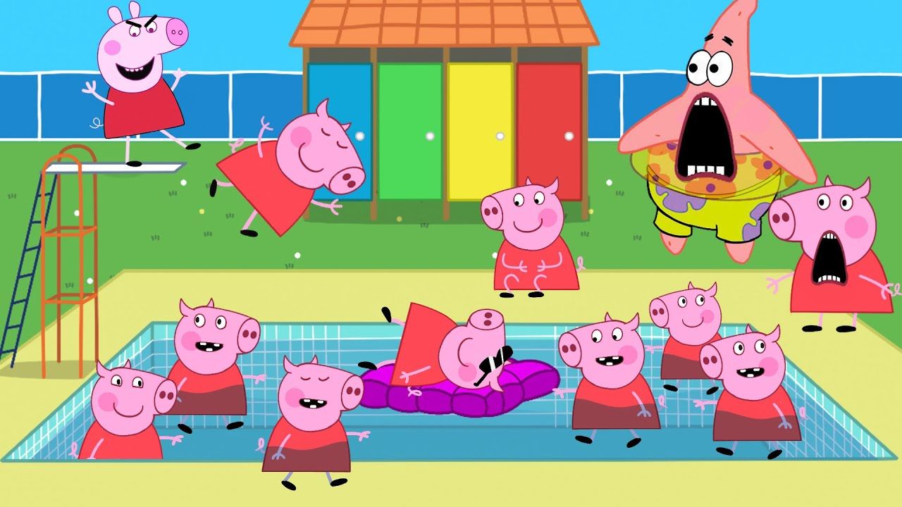 1280x720 Peppa Swimming Pool Pig and Roblox Piggy Funny Animation