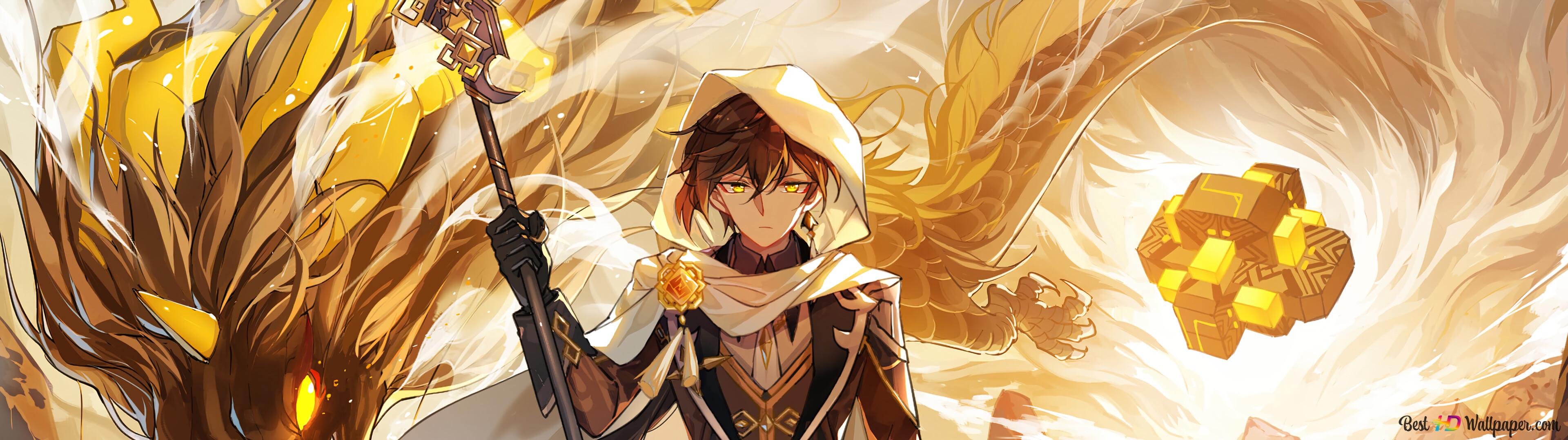 3840x1080 Zhongli' Dragon Impact (Anime Video Game) 4K wallpaper download