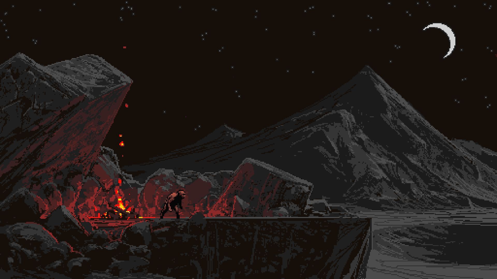 1920x1080 noah bradley pixel art fire moon the sin of man rock pixels mountains landscape digital art night stars wallpaper JPG 352 kB.me!
