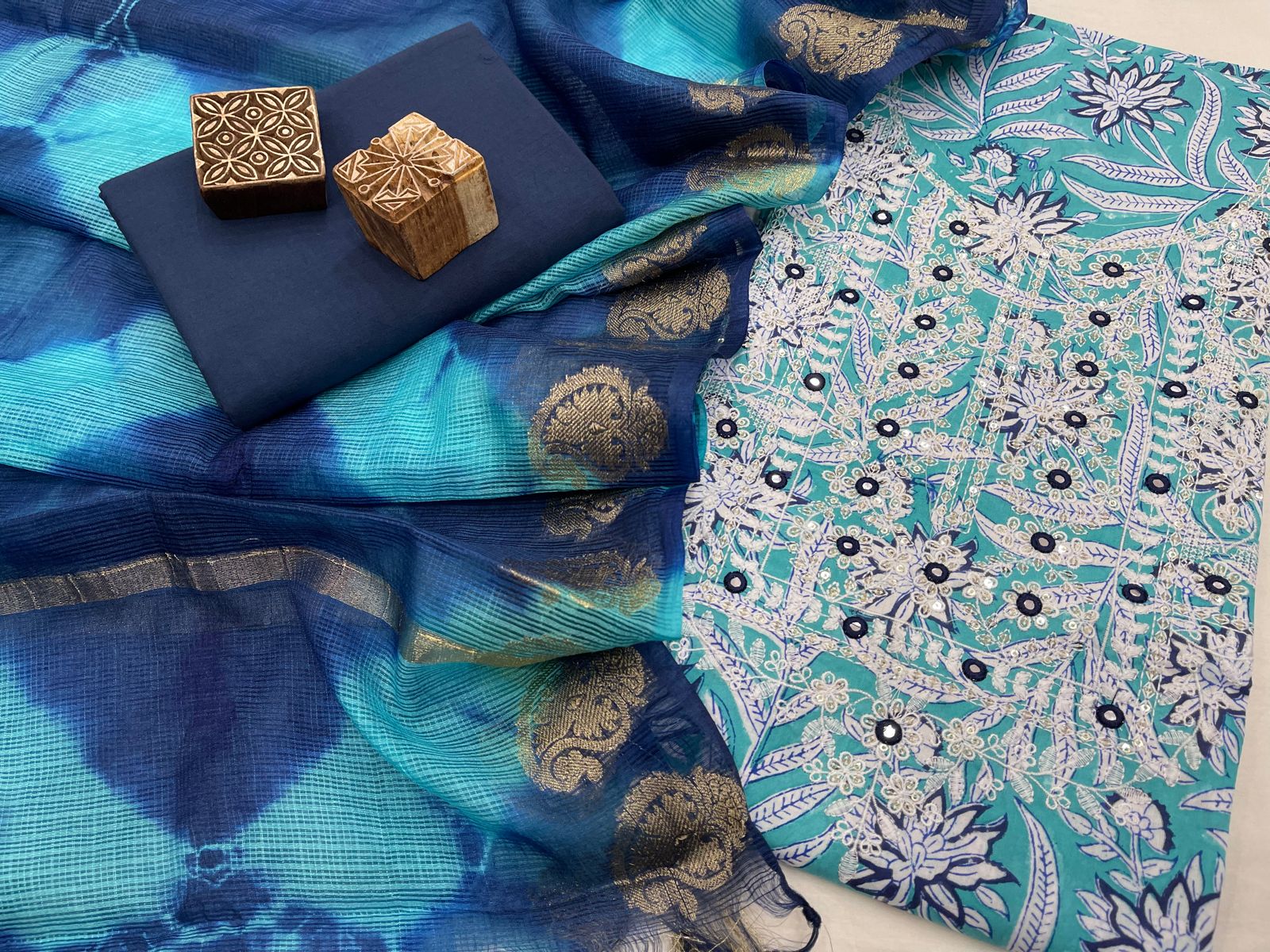 1600x1200 Cyan blue cotton party wear trendy ladies suit. Kiran's Boutique