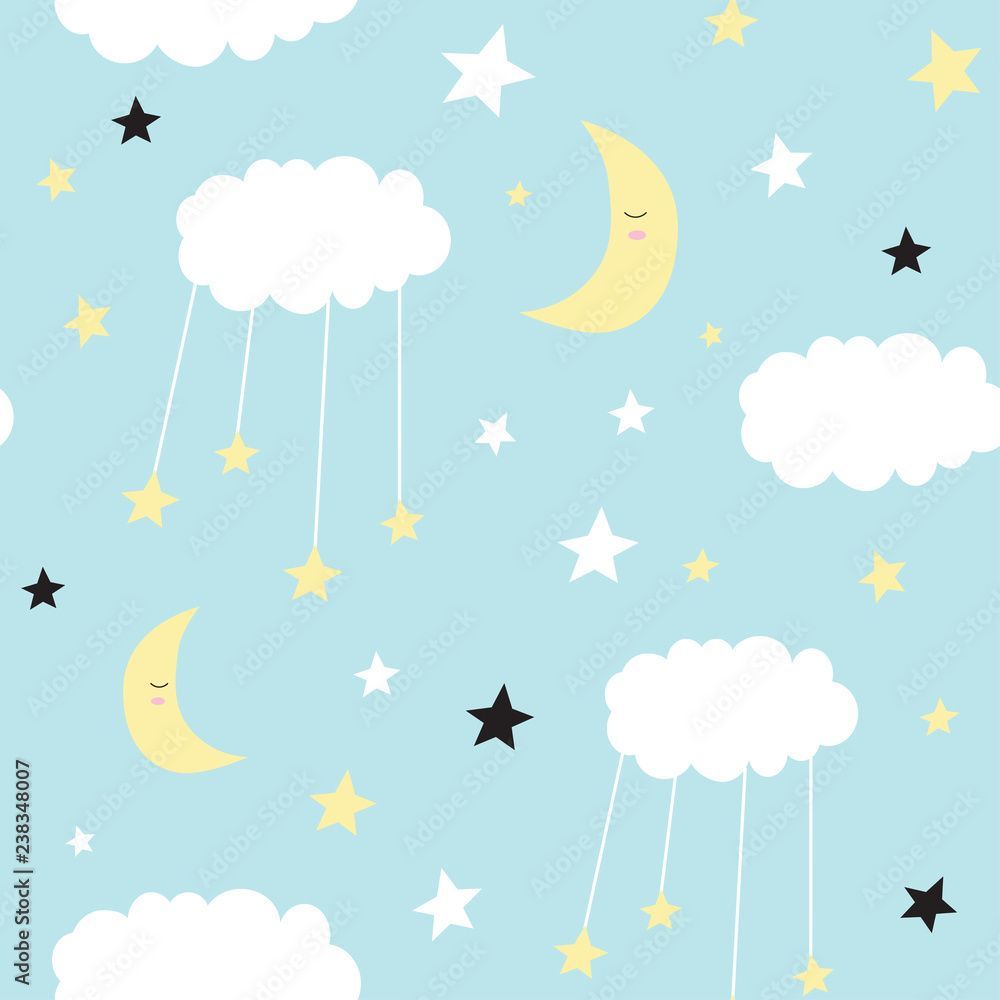 1000x1000 Seamless childish pattern with cute clouds, moon, stars. Creative scandinavian style kids texture for fabric, wrapping, textile, wallpaper, apparel. Vector illustration. Stock Vector