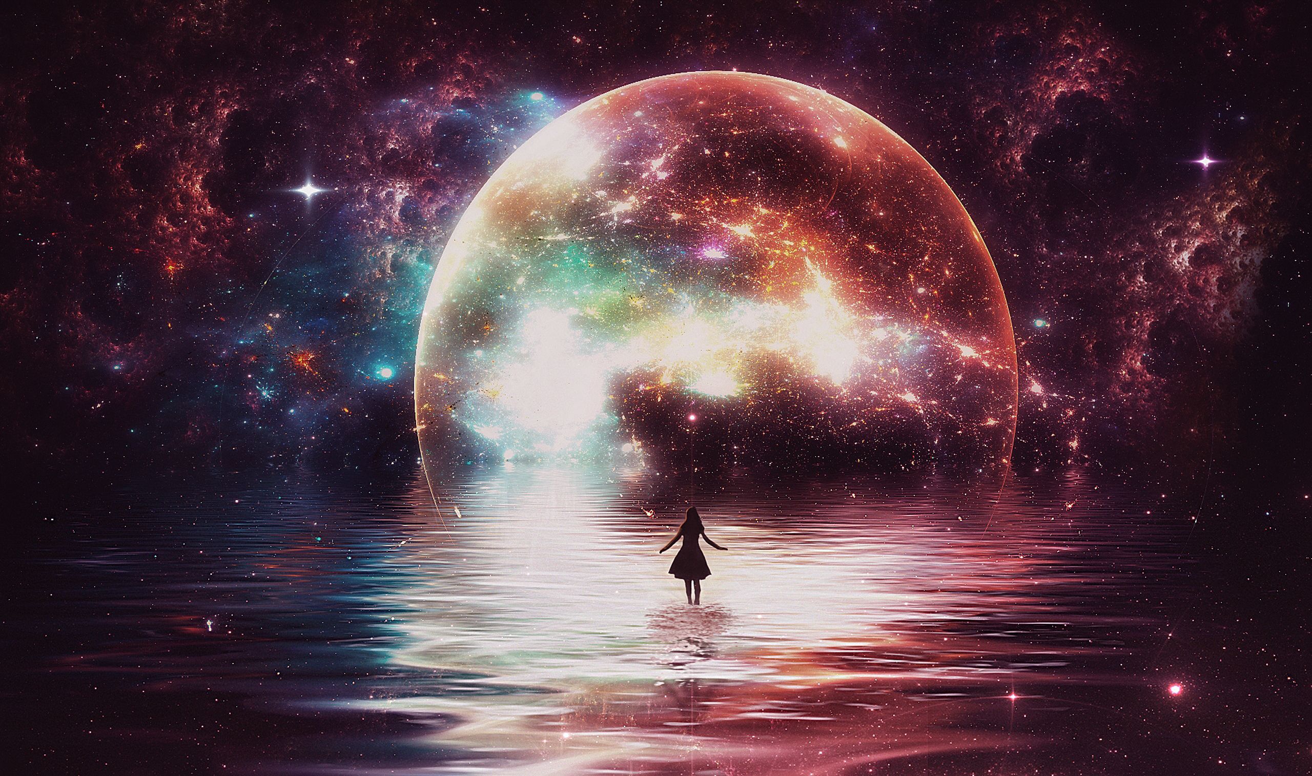 2560x1514 Moon, water, glowing, stars, colorful, warm colorsx1514 Wallpaper
