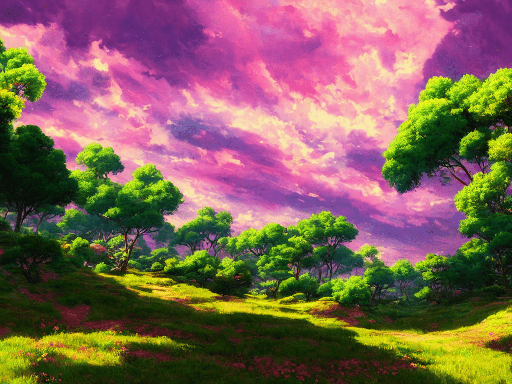 1024x768 prompthunt: lush green valley pink anime sky clouds backlit by yellow, high contrast, vibrant colors, vivid colors, high saturation, fantasy, artwork, aesthetic, calming, very beautiful scenery, hd, hdr, ue ue unreal engine