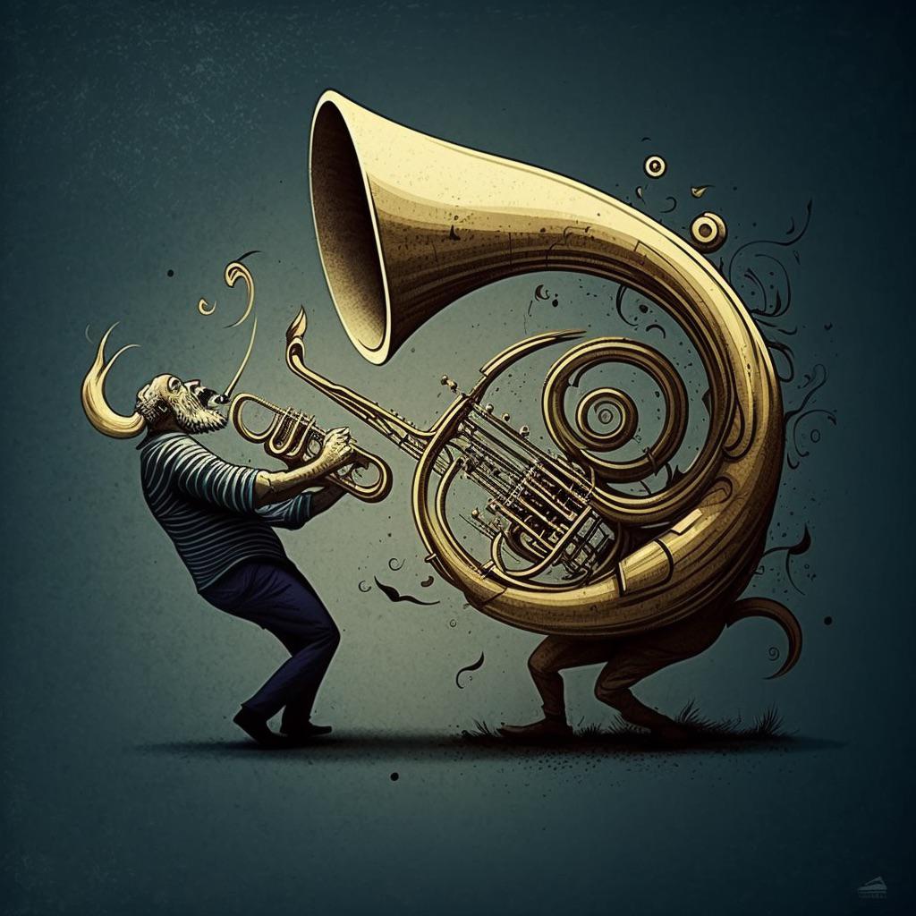 1024x1024 Midjourney fun- 3 weird image of a French Horn pipe slapping a trumpet