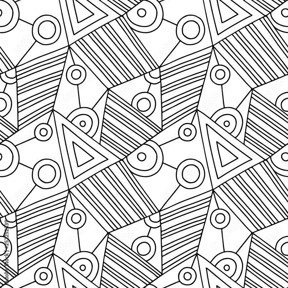 1000x1000 Seamless vector pattern, black and white lined asymmetric geometric background with rhombus, triangles. Print for decor, wallpaper, packaging, wrapping, fabric. Abstract graphic design. Line drawing Stock Vector