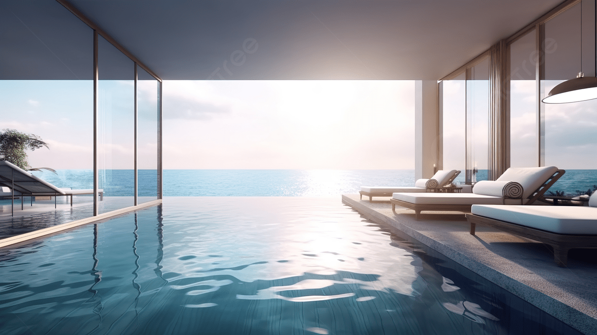 1200x673 Luxury Sea View Hotel Lounge And Swimming Pool A Stunning 3D Rendering Background, Resort, Luxury Travel, Beach House Background Image And Wallpaper for Free Download