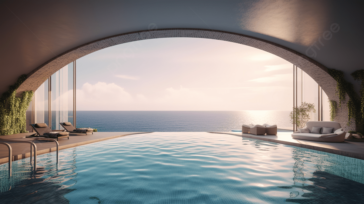 1200x673 Luxurious Seaside Hotel Lounge And Pool Visualized In 3D Background, Resort, Luxury Travel, Beach House Background Image And Wallpaper for Free Download