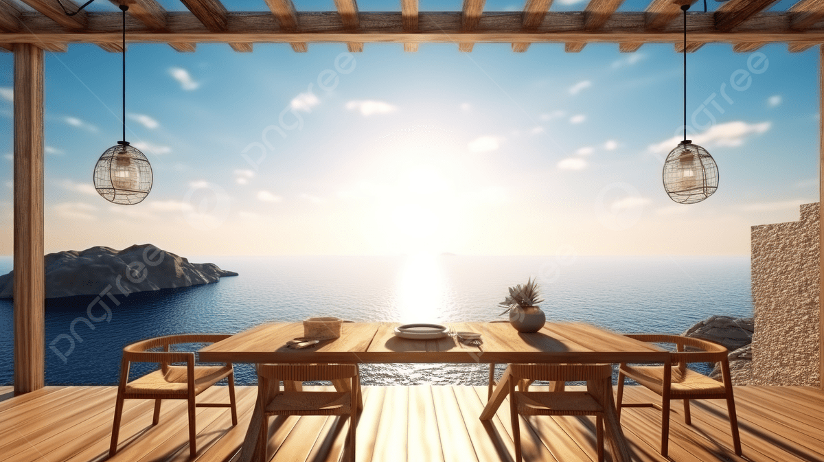1200x673 Al Fresco Dining With Panoramic Ocean View 3D Rendered Santorini Island Style Background, Beach House, Sea Travel, Luxury Travel Background Image And Wallpaper for Free Download