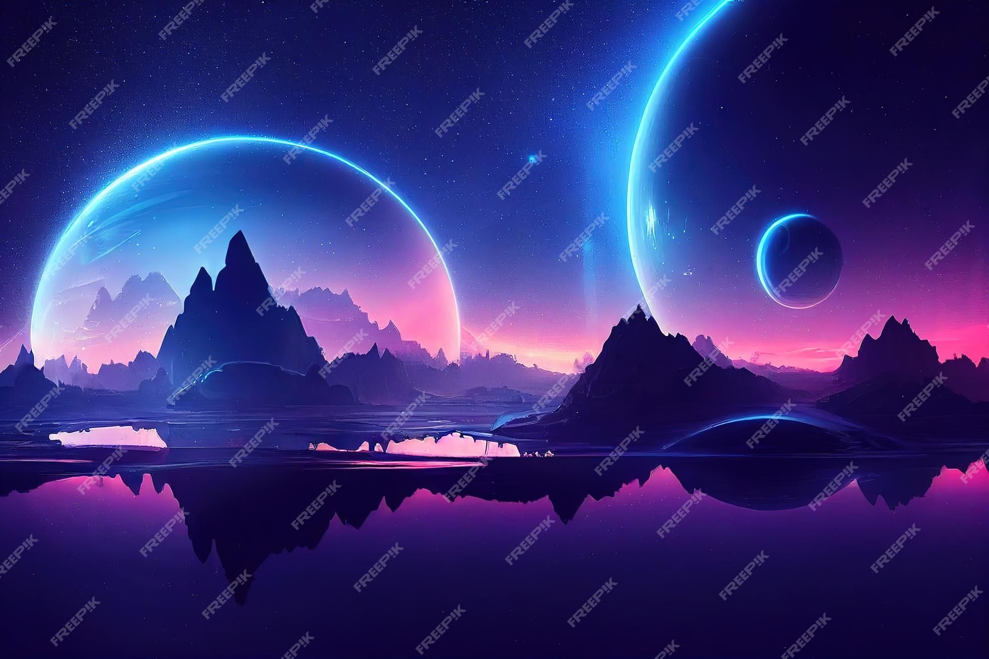 2000x1333 Earth View At Night From Alien Planet, Neon Space Stock