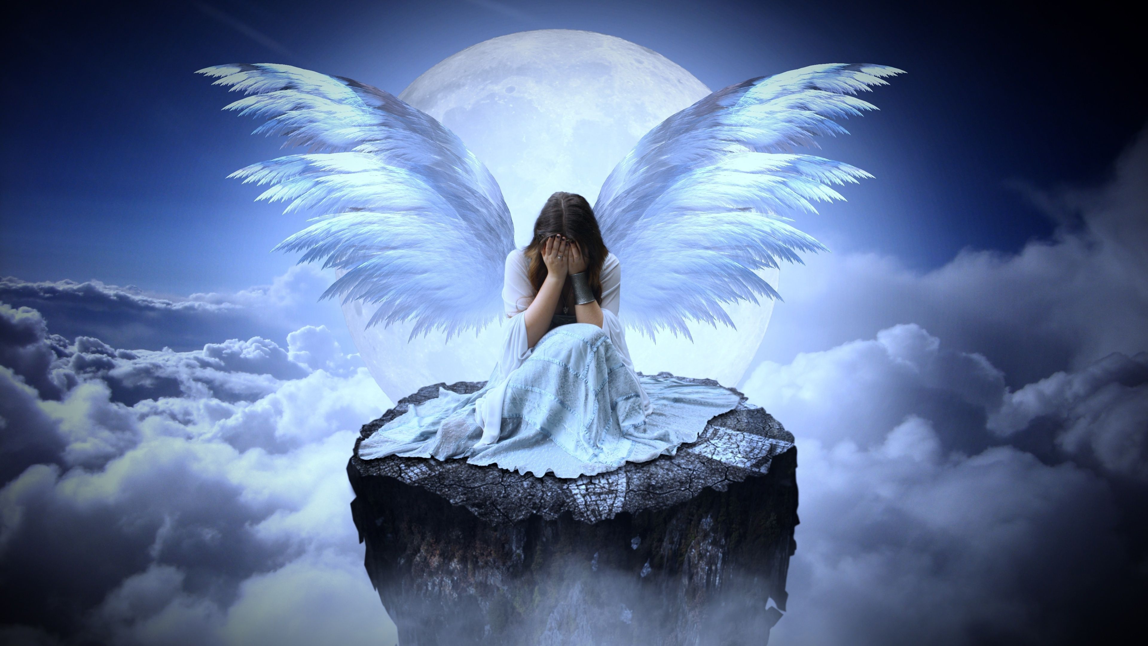 3840x2160 Sad girl Wallpaper 4K, Fairy, Angel wings, Eyes closed