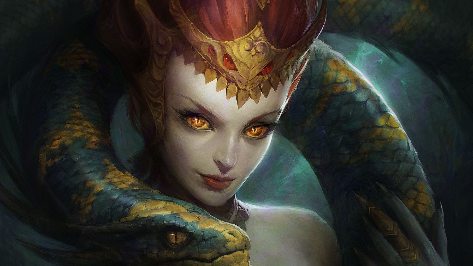1920x1080 Download wallpaper look, girl, snake, art, section fantasy in resolution 1920x1080