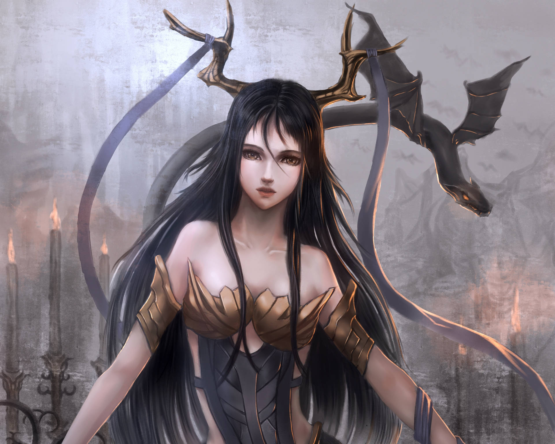 1920x1536 Download Snake Dragon Behind A Sad Demon Girl Wallpaper