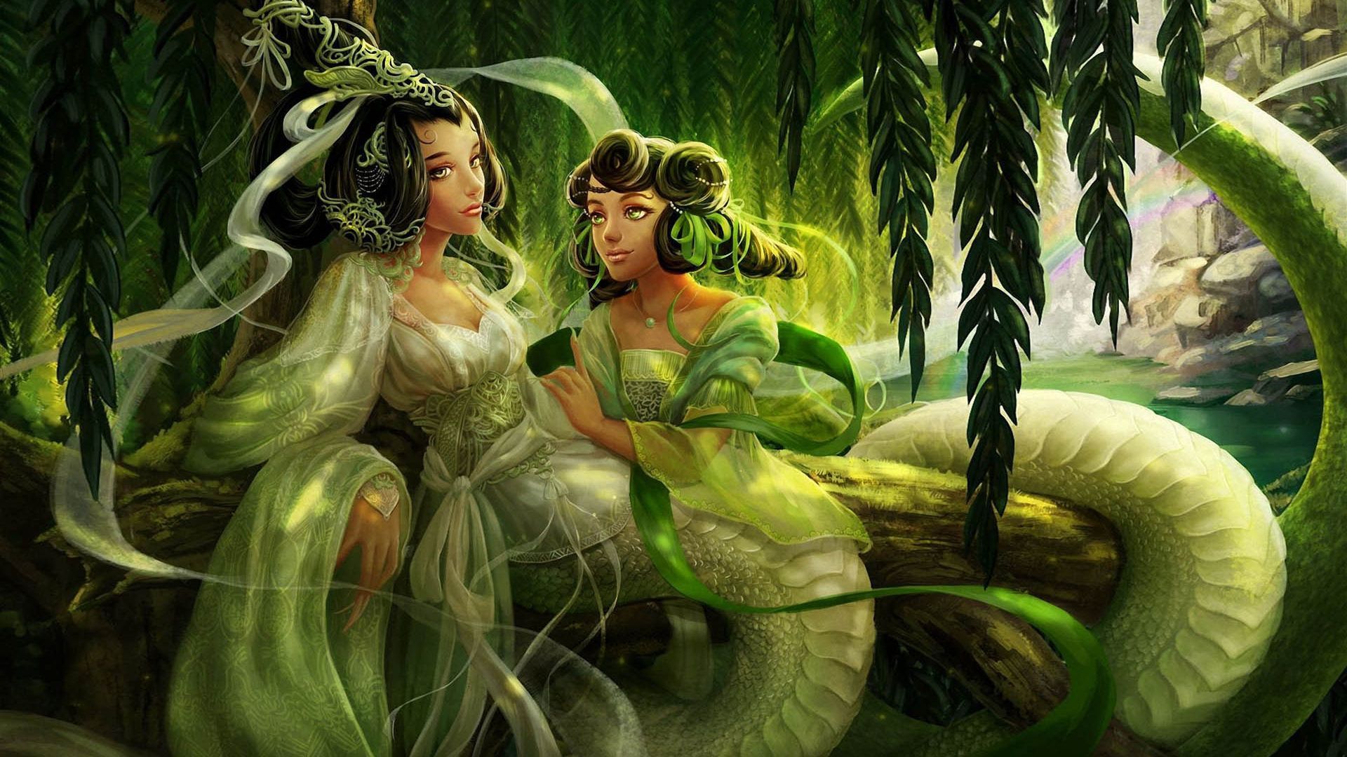 1920x1080 Demon Green Snake Ladies twins Fantasy art Wallpaper :